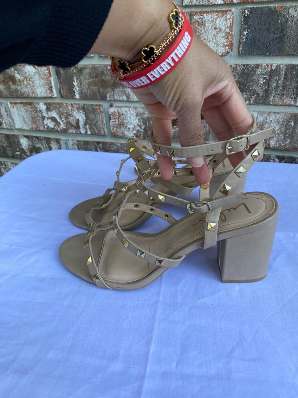 Studded Strappy Block Heel Sandals - Nude - Picture 3 of 6